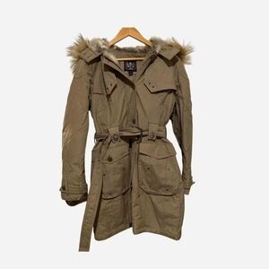 Esprit Parka Jacket Women Large Khaki Tan Excellent Belted Faux Fur Hood Utility